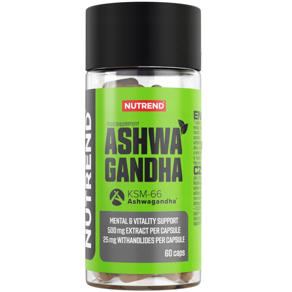 Nutrend Ashwagandha KSM-66 60 caps food supplement with 500 mg extract and 25 mg withanolides per capsule, designed for mental and vitality support. Bright green label with black cap.