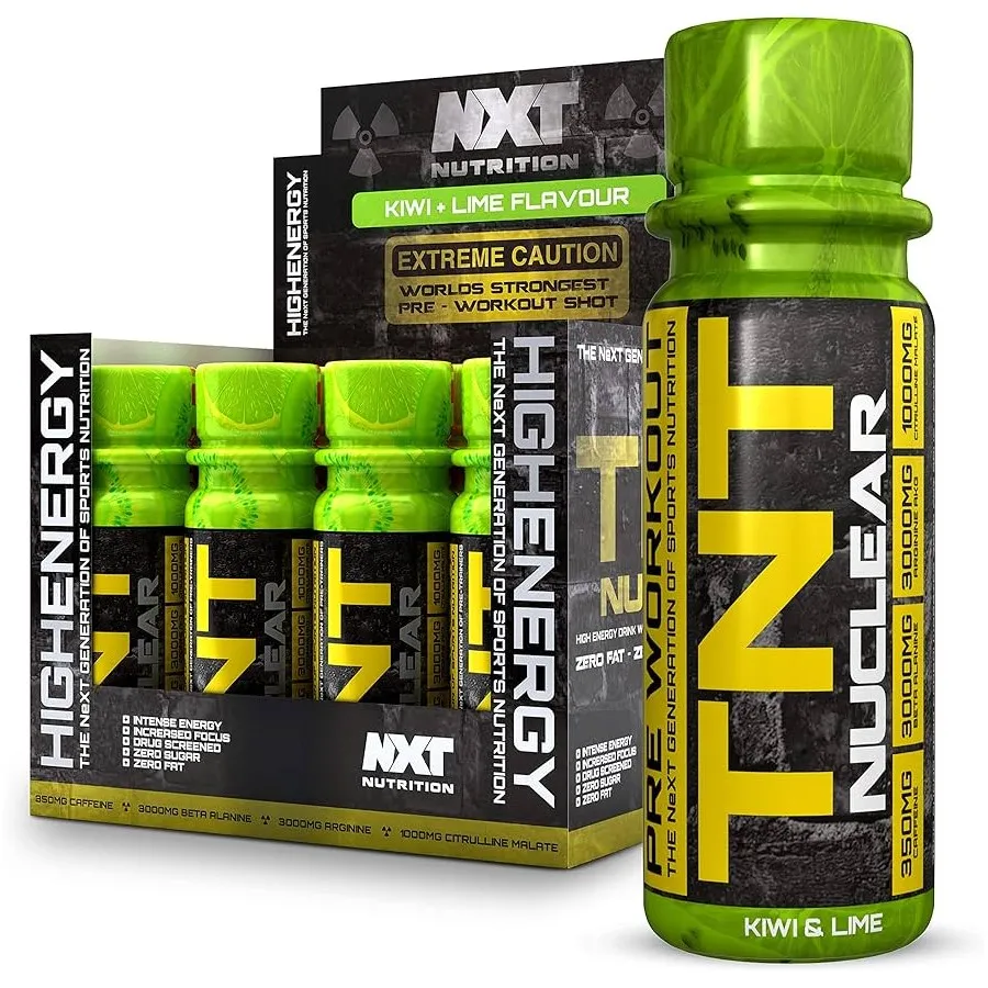 NXT Nutrition TNT Nuclear pre-workout shot in kiwi and lime flavour, high-energy supplement with 350mg caffeine, 3000mg beta alanine, and 4000mg citrulline malate, in a neon green and black bottle.