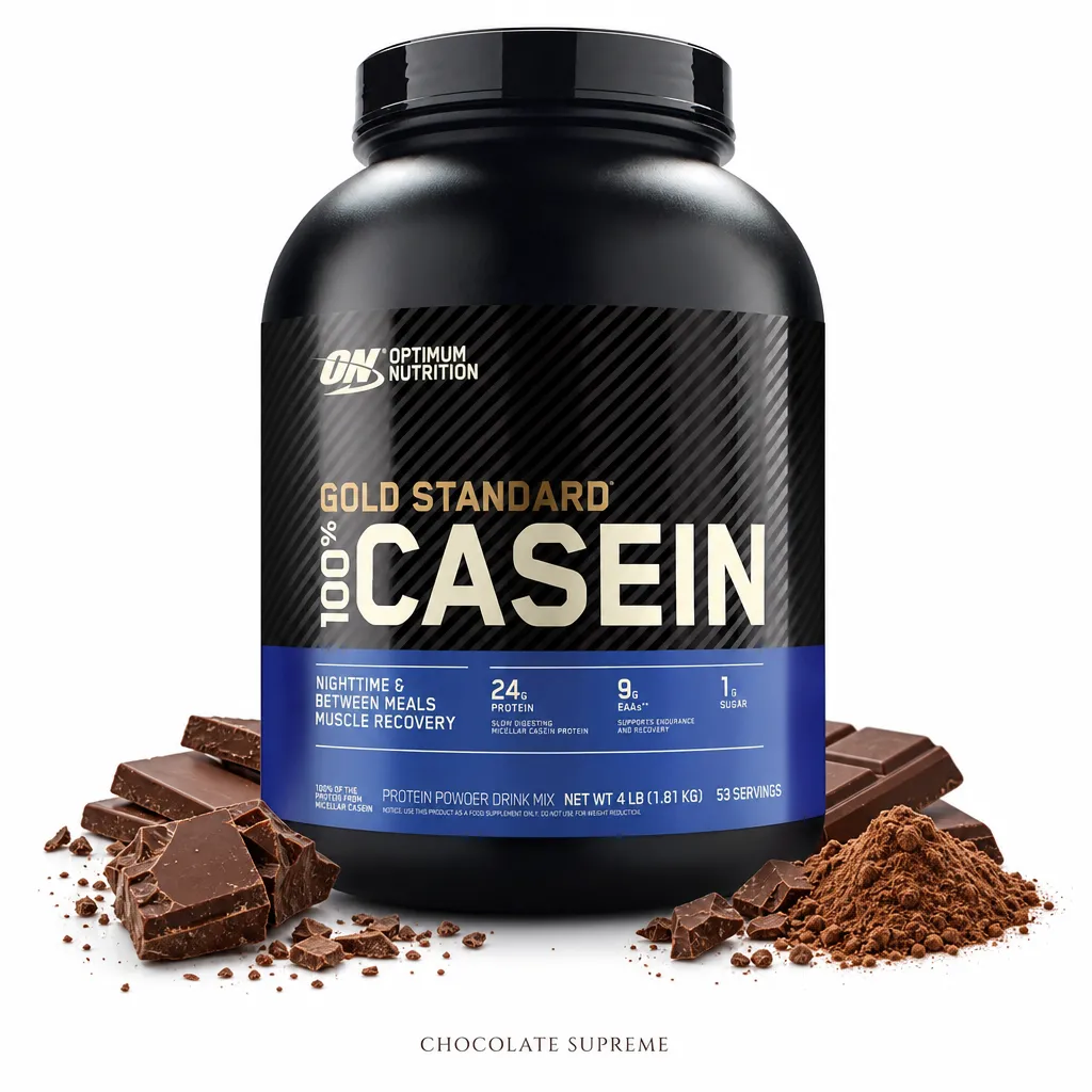 Optimum Nutrition Gold Standard 100% Casein 1820g protein powder in Chocolate Supreme flavor, featuring slow-digesting micellar casein for muscle recovery and nighttime use.