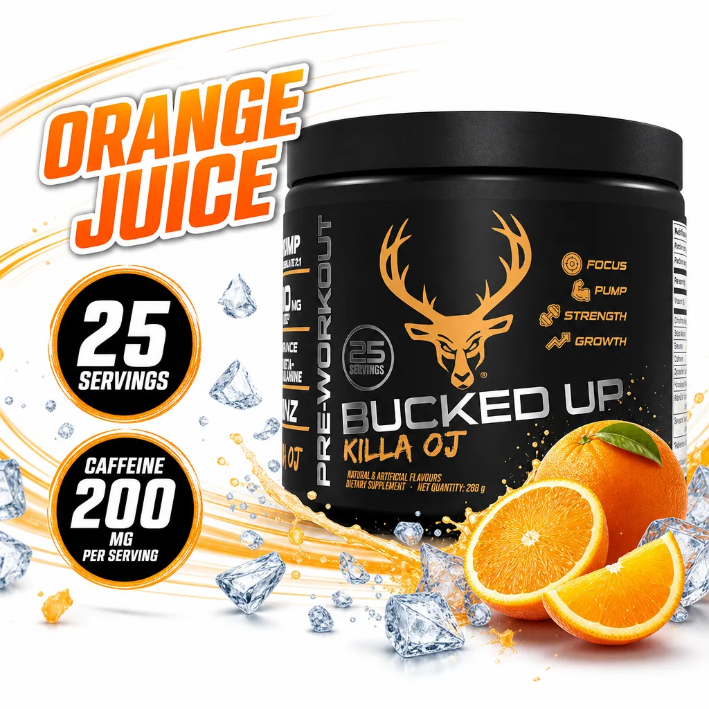 Bucked Up Pre-Workout Orange Juice supplement powder, 25 servings with 200 mg caffeine per serving in a black tub