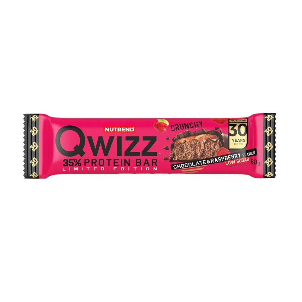 Nutrend Qwizz Protein Bar is a 60g chocolate raspberry protein bar with a crunchy centre and bright pink wrapper.