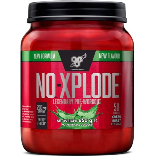 BSN NO-Xplode Legendary Pre-Workout 650g Green Burst flavour, a pre-workout supplement with 50 servings, high caffeine, and no artificial colours, in a red tub.