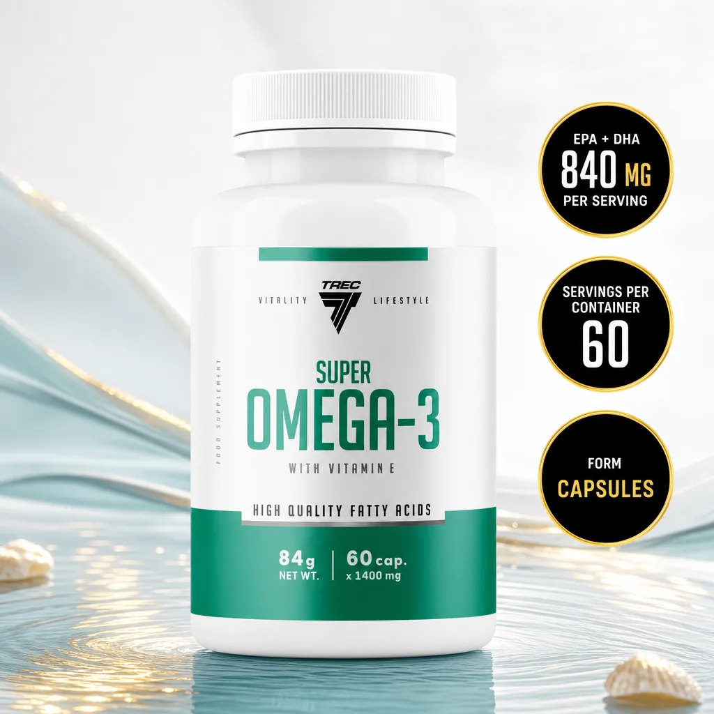 Trec Super Omega 3 fish oil supplement with vitamin E, 60 capsules, 840 mg EPA and DHA per serving in a white and green bottle