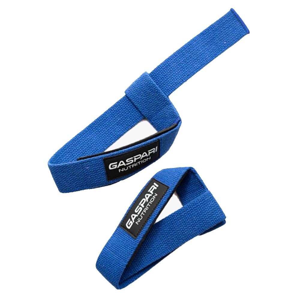 Gaspari Nutrition Lifting Straps blue cotton weightlifting straps, pair, with visible brand logo, designed for gym and strength training support.