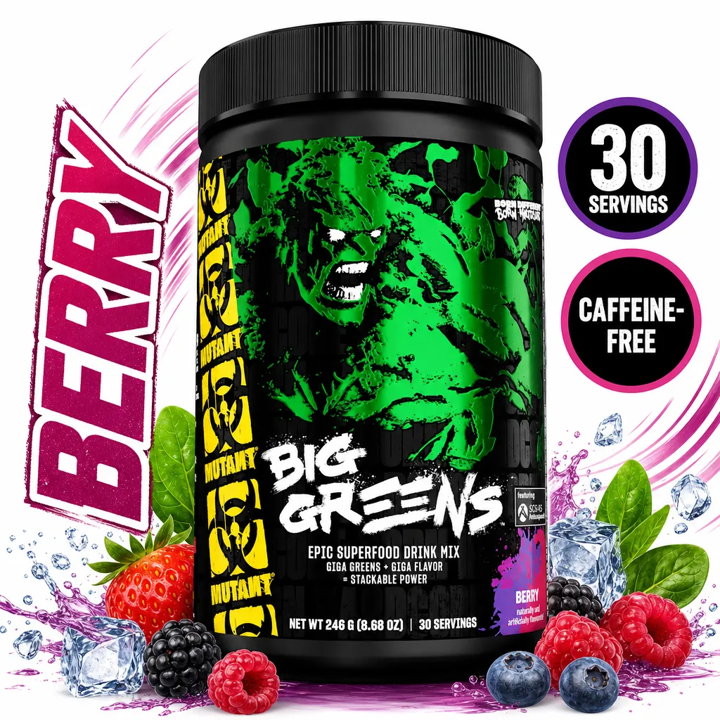 Mutant Big Greens superfood drink mix powder, Berry flavour, 30 servings in a 246 g tub