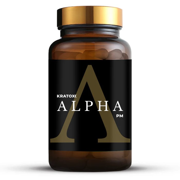 Kratox Alpha PM Men's Health & Sleep Support 120 Caps bottle, dark label with blue and white accents, 120 capsules indicated