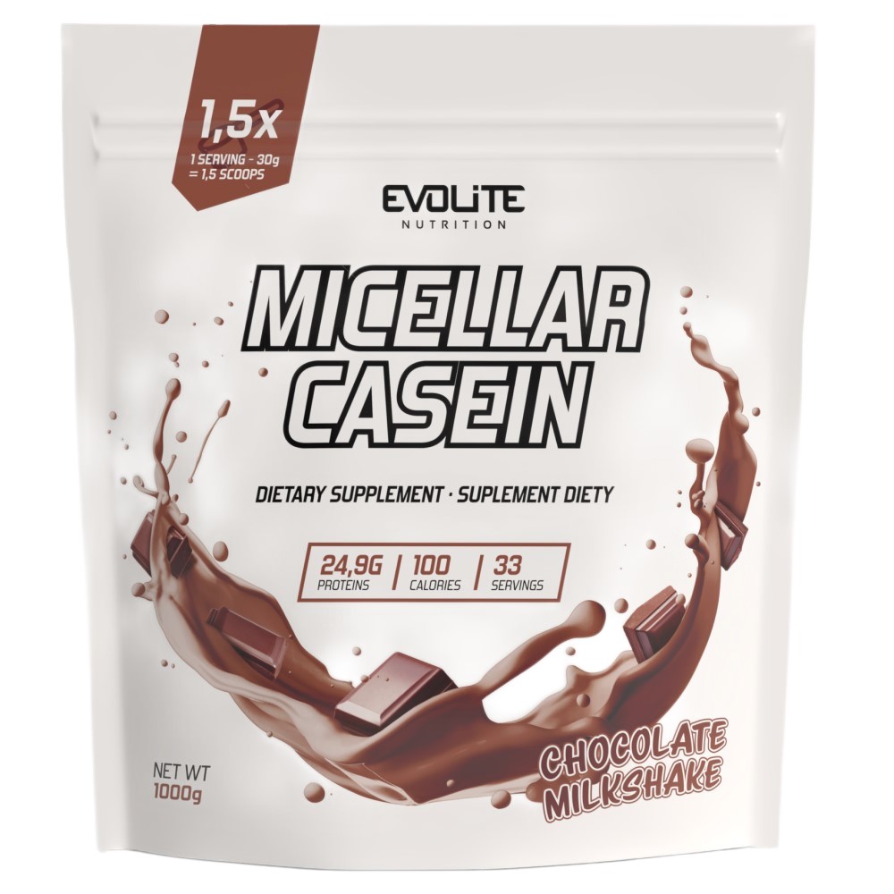 Evolite Micellar Casein 1000g protein powder in a large resealable pouch with Evolite Nutrition branding