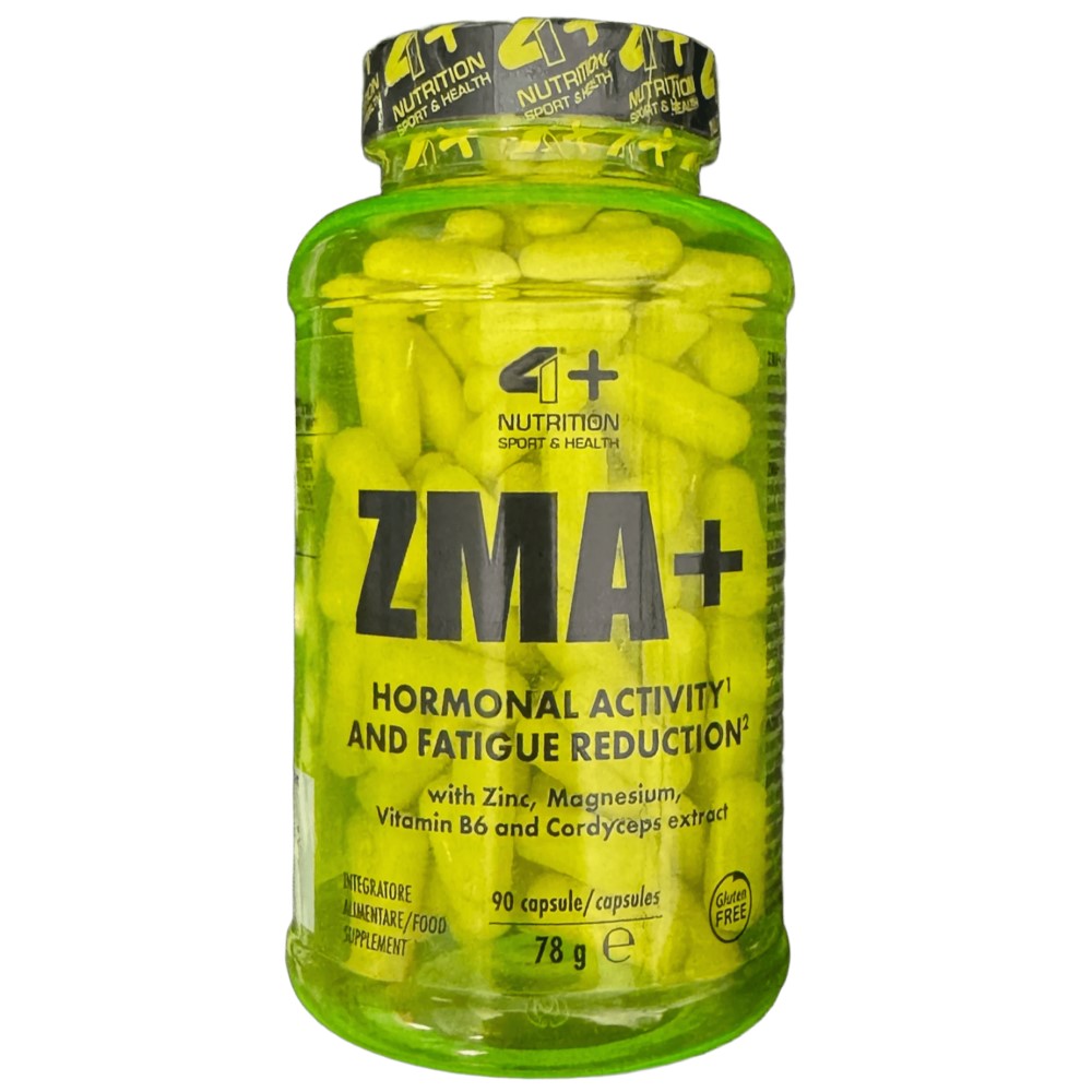 4+ Nutrition ZMA+ supplement, 90 capsules, with zinc, magnesium, vitamin B6, and cordyceps extract, in a bright yellow transparent bottle, gluten free.