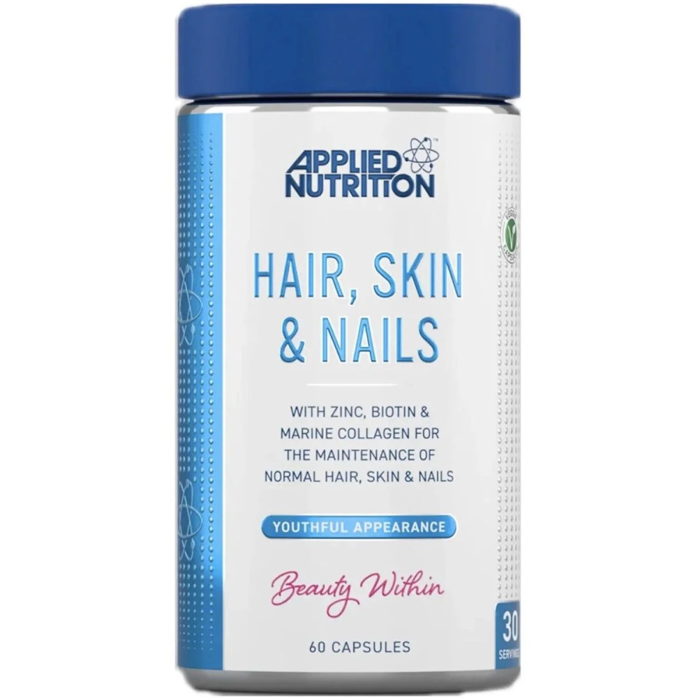 Applied Nutrition Hair Skin & Nails supplement, 60 capsules, with zinc, biotin, and marine collagen for hair, skin, and nail maintenance. White and blue bottle.