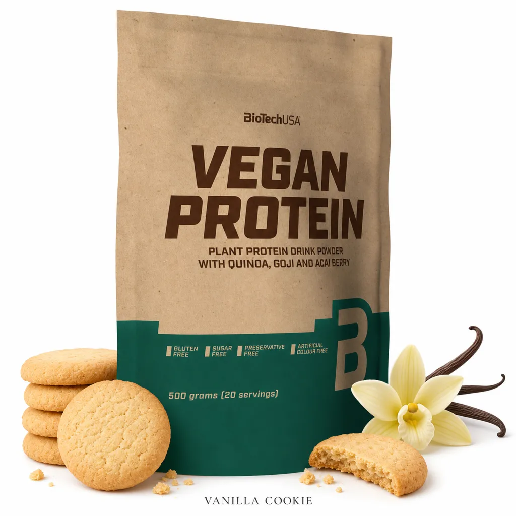 Biotech USA Vegan Protein 500g vanilla cookie flavour, plant-based protein powder with quinoa, goji, and acai berry, gluten-free, sugar-free, preservative-free.