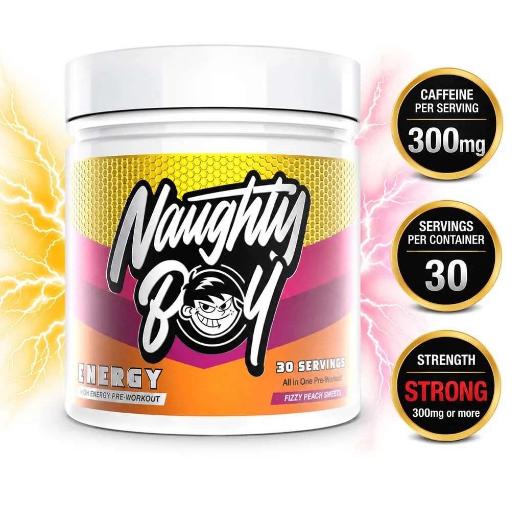 Naughty Boy Energy Pre-Workout supplement, 30 servings in Fizzy Peach Sweets flavour with 300mg caffeine per serving