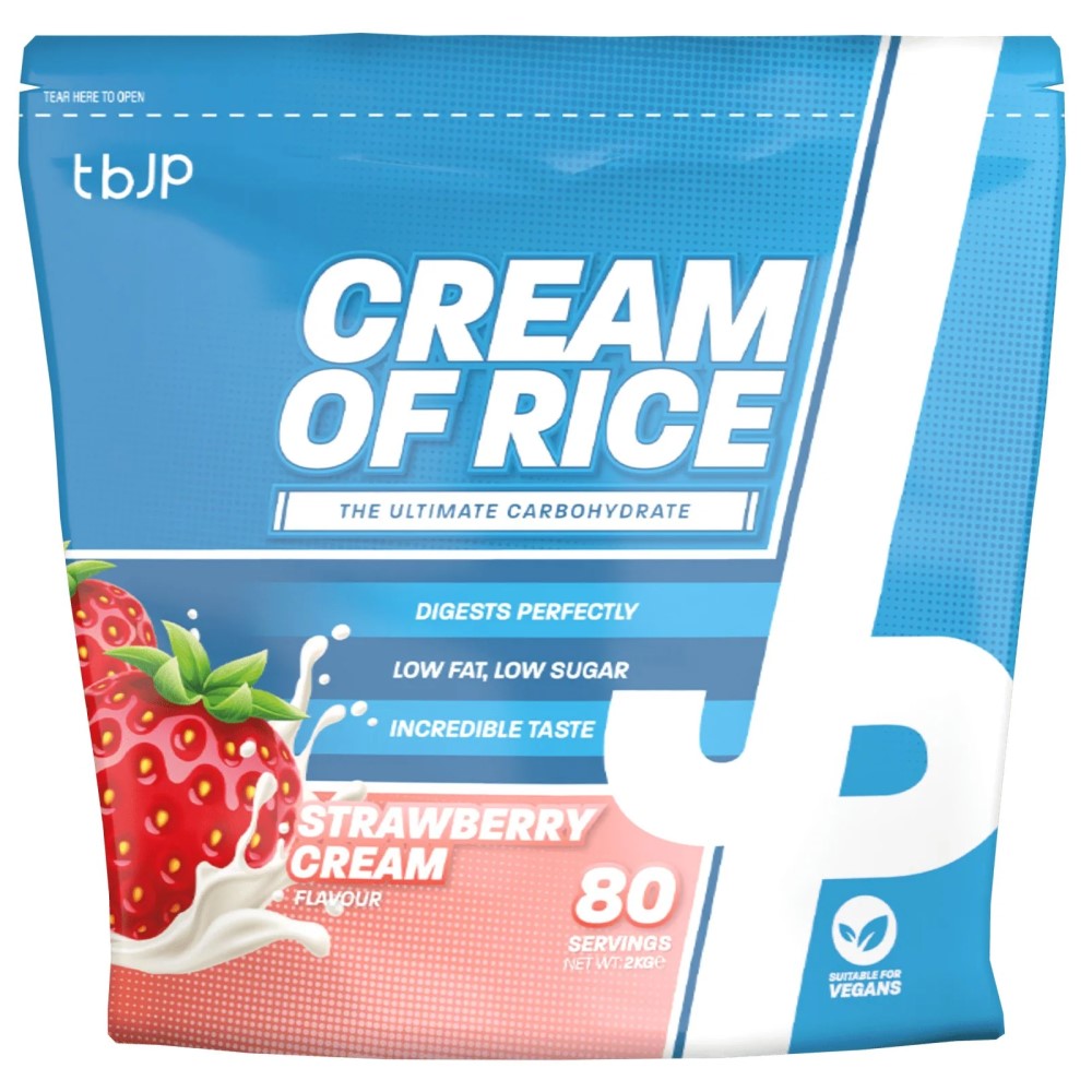 tbJP Cream of Rice Strawberry Cream flavour, 2000g pack, a carbohydrate supplement suitable for vegans with 80 servings, low fat and low sugar, in a blue and white pouch.