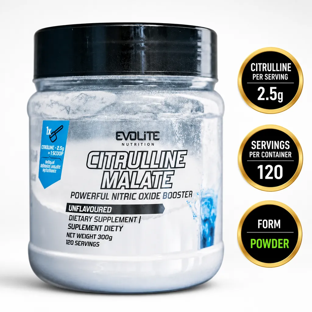 Evolite Citrulline Malate 300g unflavoured dietary supplement powder in a white tub with black lid, 2.5g servings