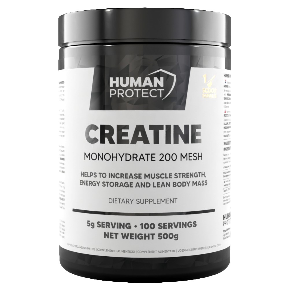 Human Protect Creatine Monohydrate 500g Unflavoured, white powder supplement in a large plastic container