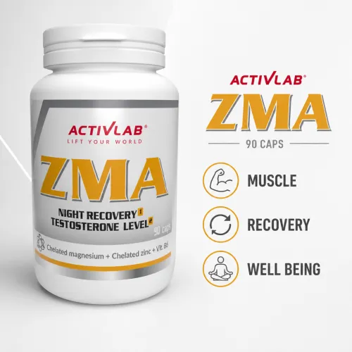 ActivLab ZMA 90 Caps dietary supplement with chelated magnesium, zinc, and vitamin B6, designed for muscle recovery, testosterone support, and well-being.