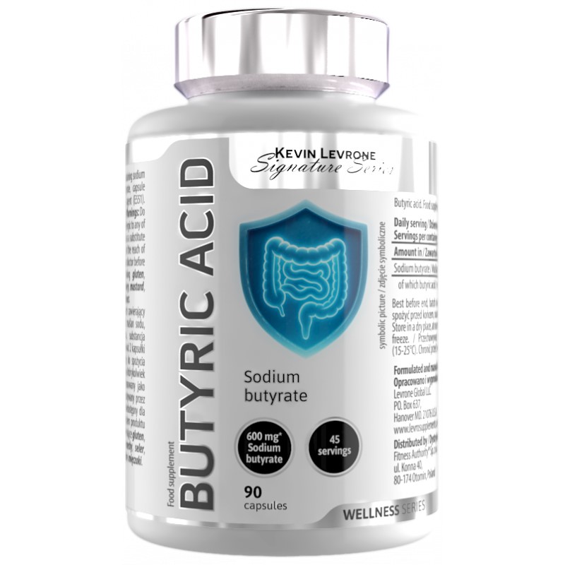 Kevin Levrone Butyric Acid sodium butyrate supplement, 90 capsules, part of the Wellness Series, supports gut health and digestion.