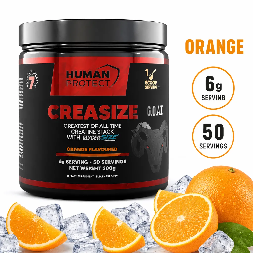Human Protect CreaSize orange-flavoured creatine powder supplement, 300g tub with 6g servings and 50 servings