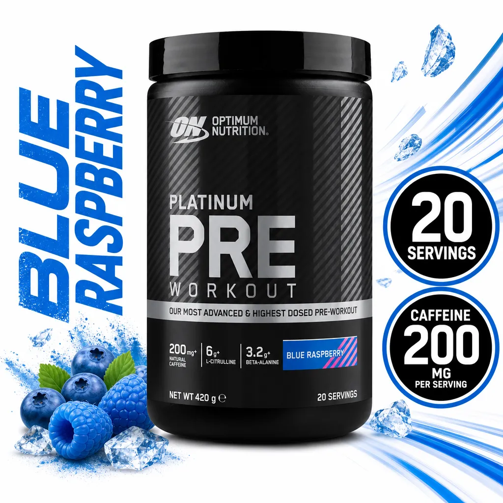 Optimum Nutrition Platinum Pre 420g blue raspberry pre-workout powder with 20 servings and 200mg caffeine per serving