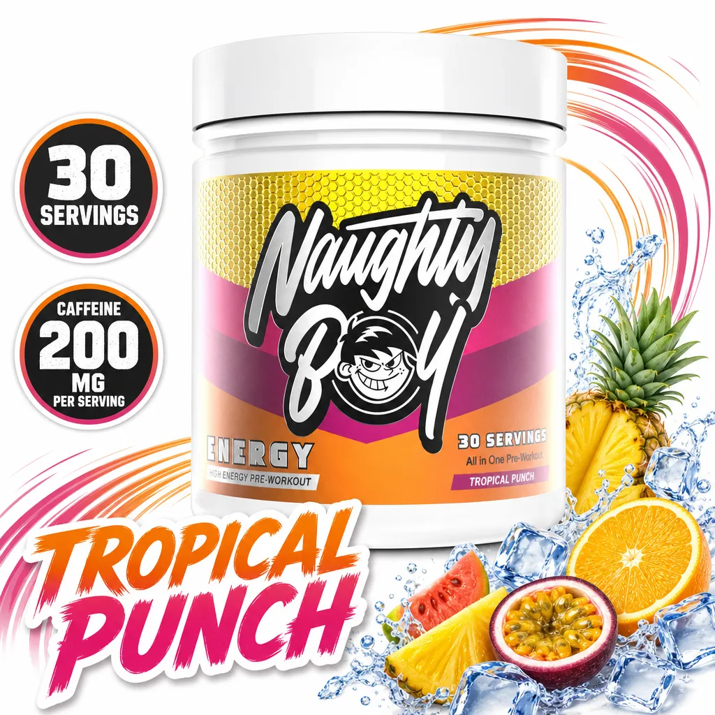 Naughty Boy Energy Pre-Workout tropical punch powder, 30 servings with 200mg caffeine per serving