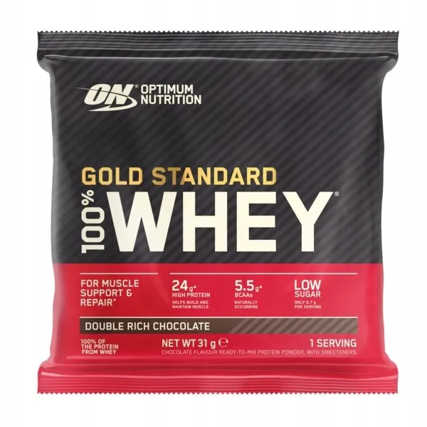Optimum Nutrition Gold Standard 100% Whey Double Rich Chocolate sachet, 31g serving, chocolate flavour protein powder supplement with high protein and BCAAs.