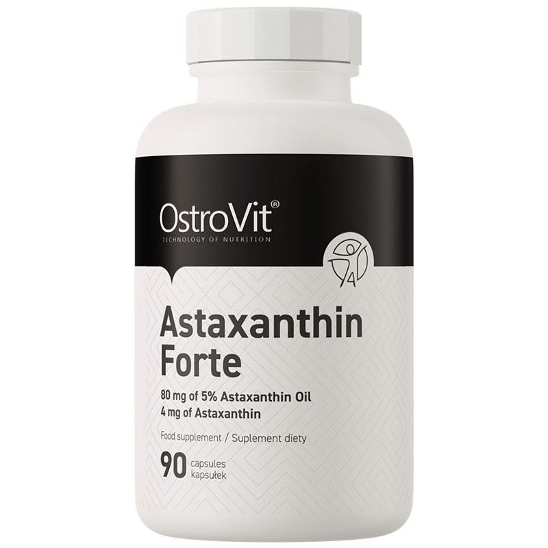 OstroVit Astaxanthin Forte 90 capsules, a dietary supplement containing 80 mg of 5% astaxanthin oil and 4 mg of astaxanthin per capsule, in a white bottle with black label.