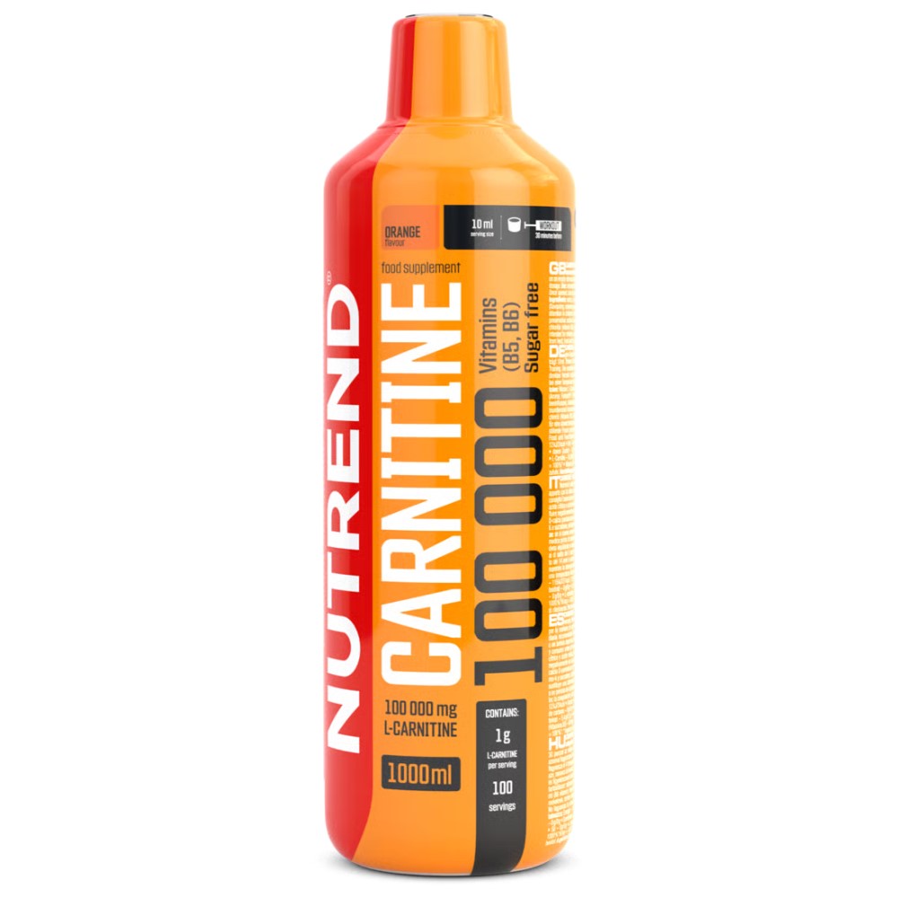 Nutrend Carnitine 100000 1000ml orange-flavour liquid L-carnitine supplement with vitamins B5, B6, and B12, sugar free, in a bright orange bottle.