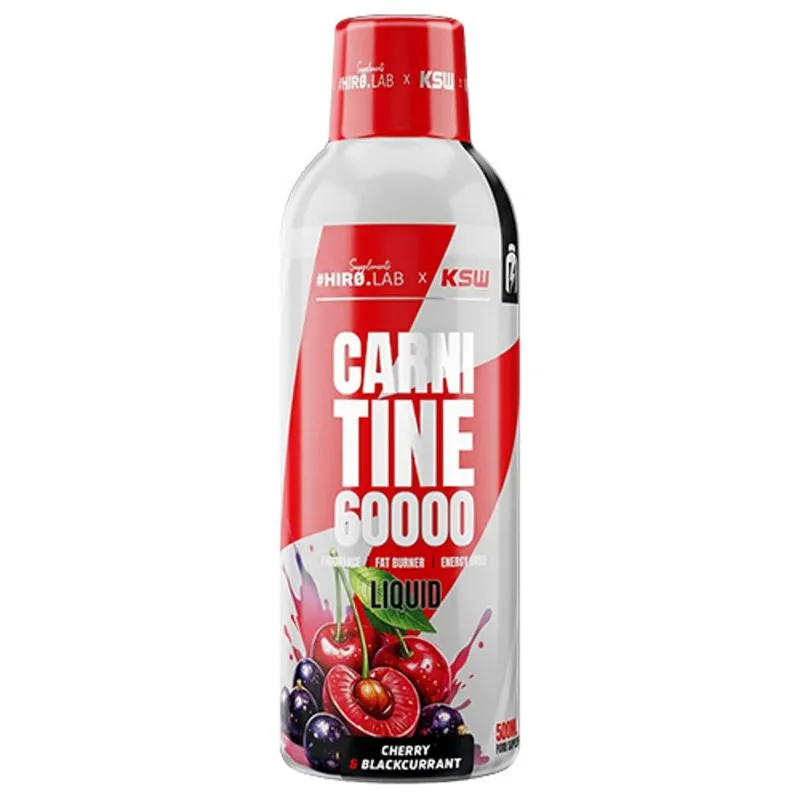 Hiro Lab Carnitine 60000 KSW liquid L-carnitine supplement, Cherry Blackcurrant flavour, 500 ml red and white bottle