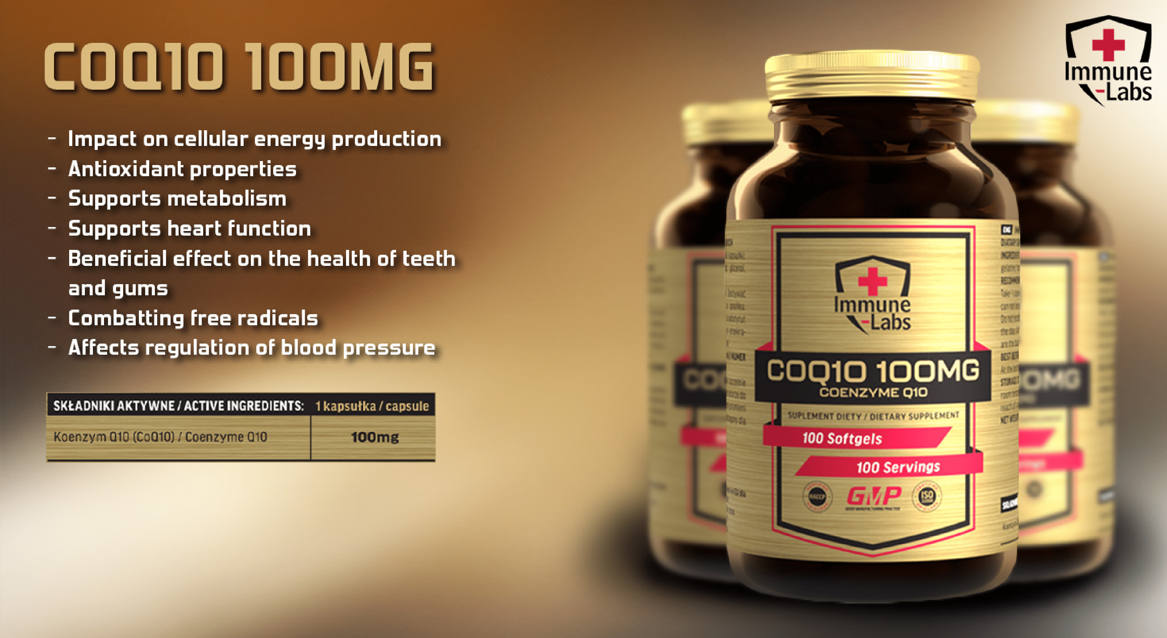 Immune Labs CoQ10 100mg coenzyme Q10 dietary supplement, 100 softgels per bottle, shown in a brown bottle with gold label and red accents.