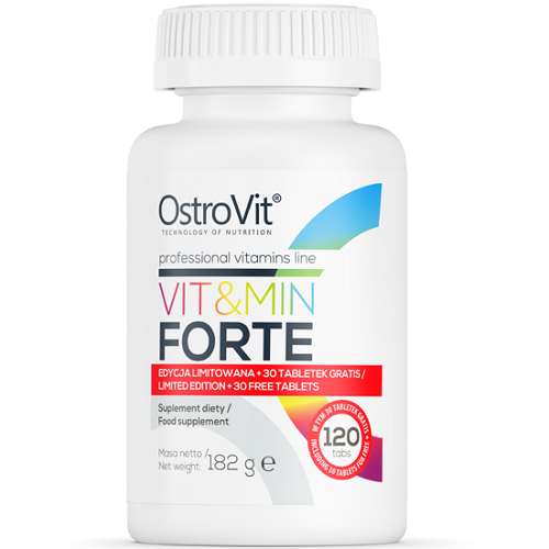 OstroVit Vit&Min Forte 120 tabs multivitamin and mineral supplement, limited edition with 30 free tablets, white bottle with colorful label.