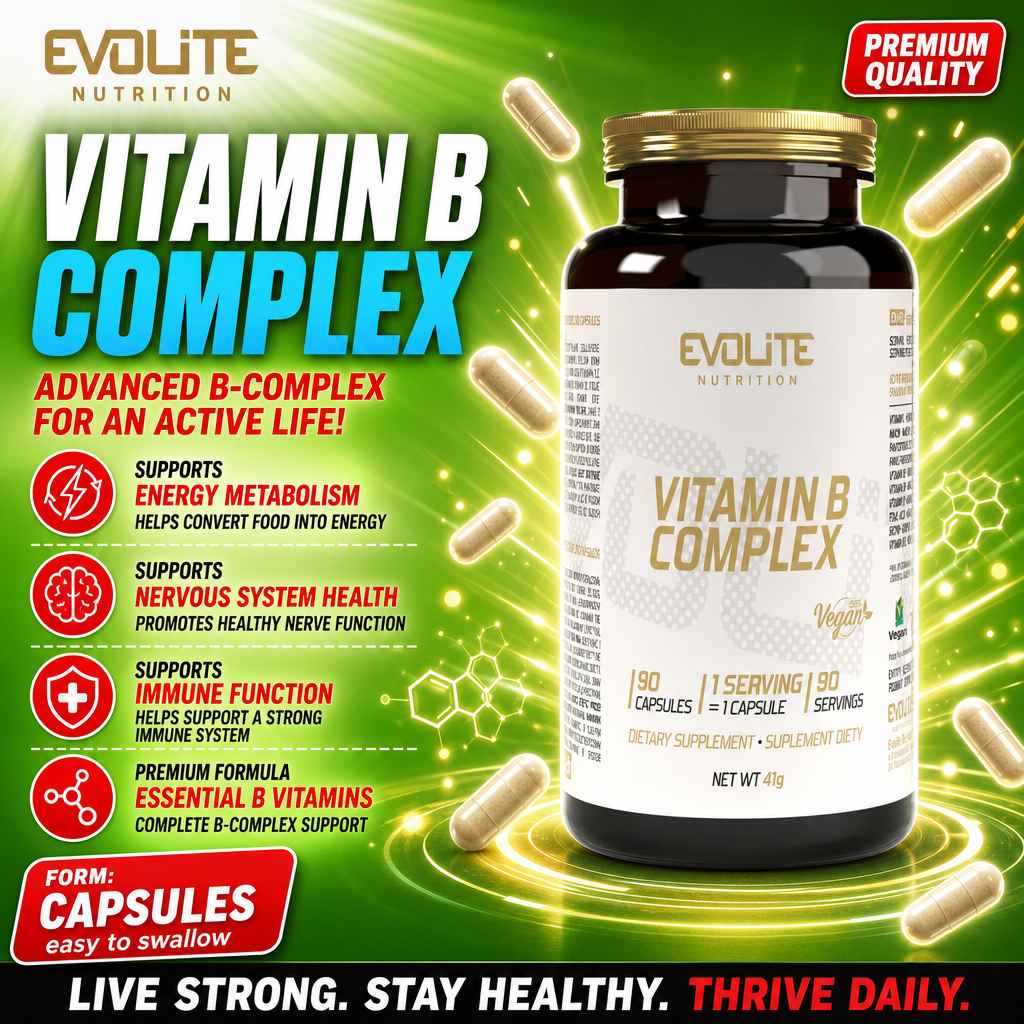 Evolite Vitamin B Complex 90 capsules vegan dietary supplement, supports energy metabolism, nervous system health, and immune function, in a brown bottle with gold cap on a green background.