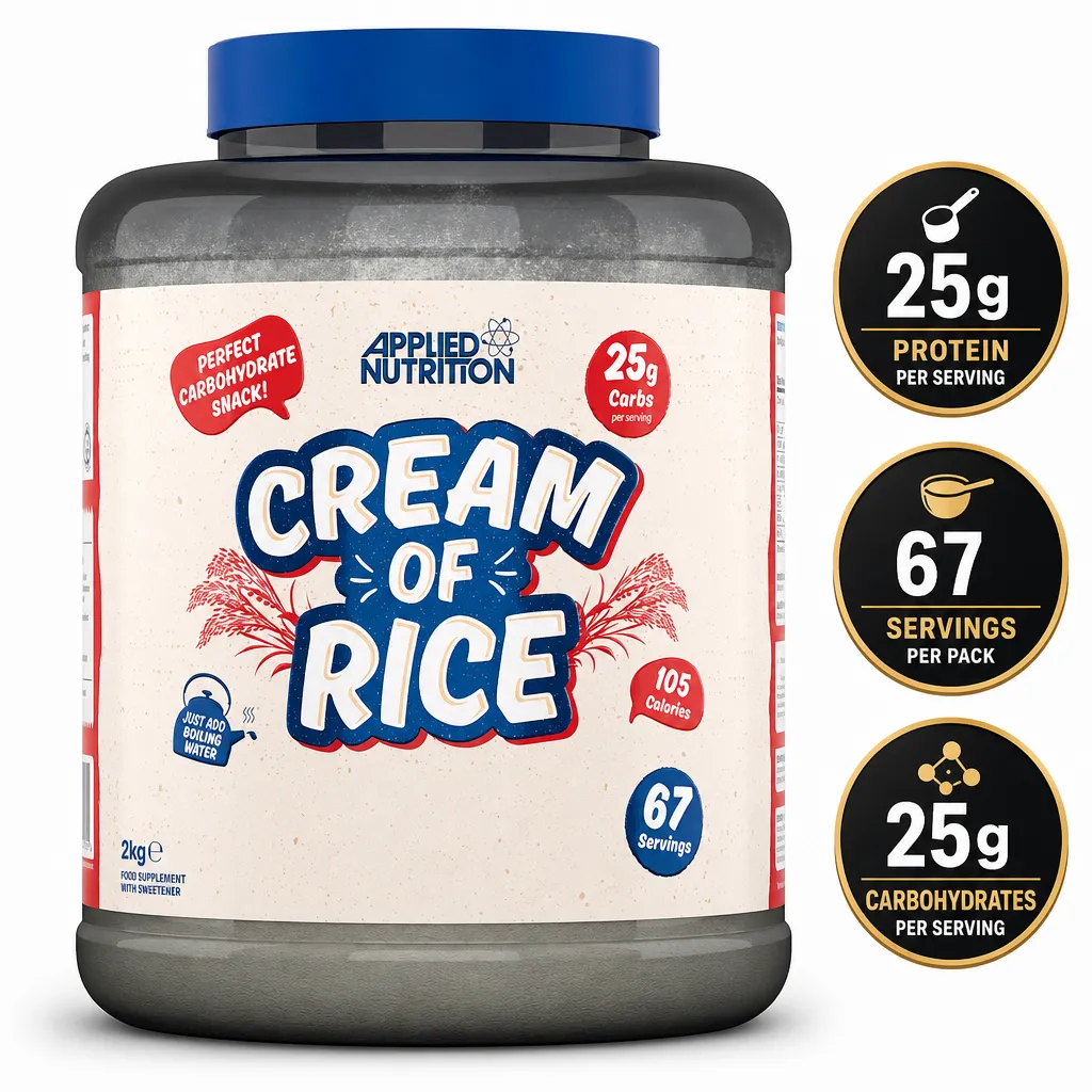 Applied Nutrition Cream Of Rice 2000g carbohydrate supplement in a large tub with 67 servings and 25g carbohydrates per serving