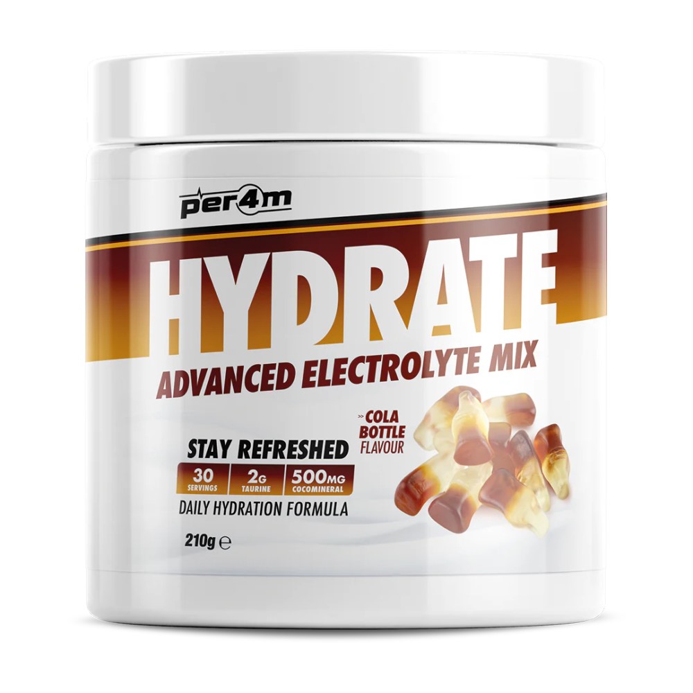 Per4m Hydrate Advanced Electrolyte Mix cola bottle flavour, an electrolyte hydration supplement with 30 servings, 2g taurine, and 500mg CocoMineral per serving, in a white 210g tub.