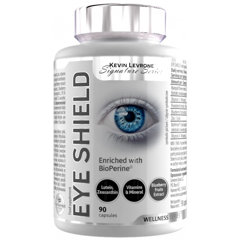 Kevin Levrone Eye Shield 90 capsules eye health supplement with lutein, zeaxanthin, vitamins, minerals, and blueberry fruit extract, part of the Wellness Series.