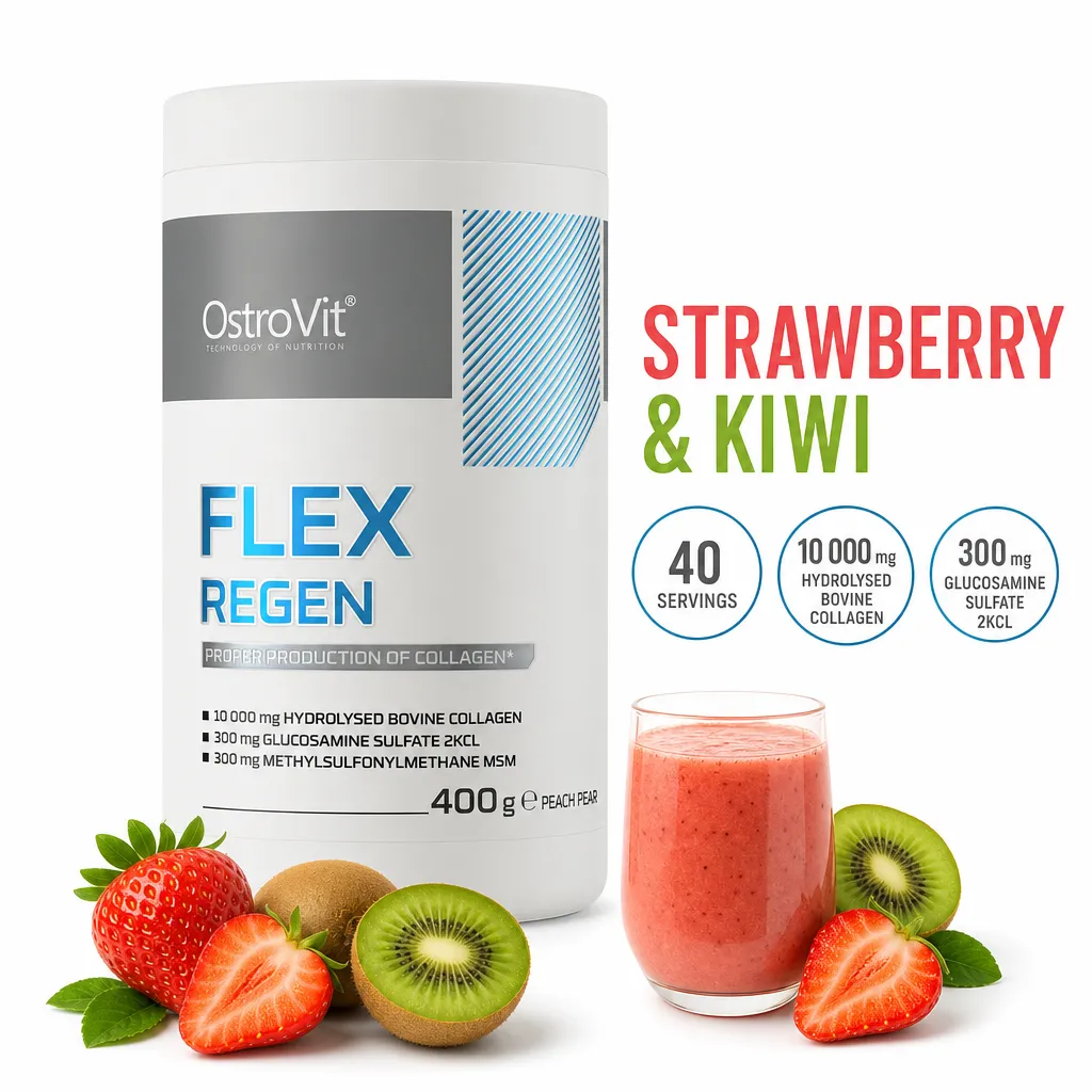 OstroVit Flex Regen 400g joint support powder in strawberry and kiwi flavour, featuring hydrolysed collagen and glucosamine