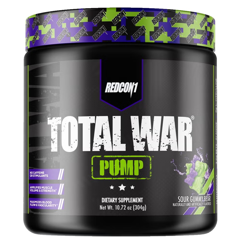 Redcon1 Total War Pump Sour Gummy Bear is a stimulant-free pre-workout dietary supplement designed to amplify muscle volume and maximize blood flow, in a 304g container.