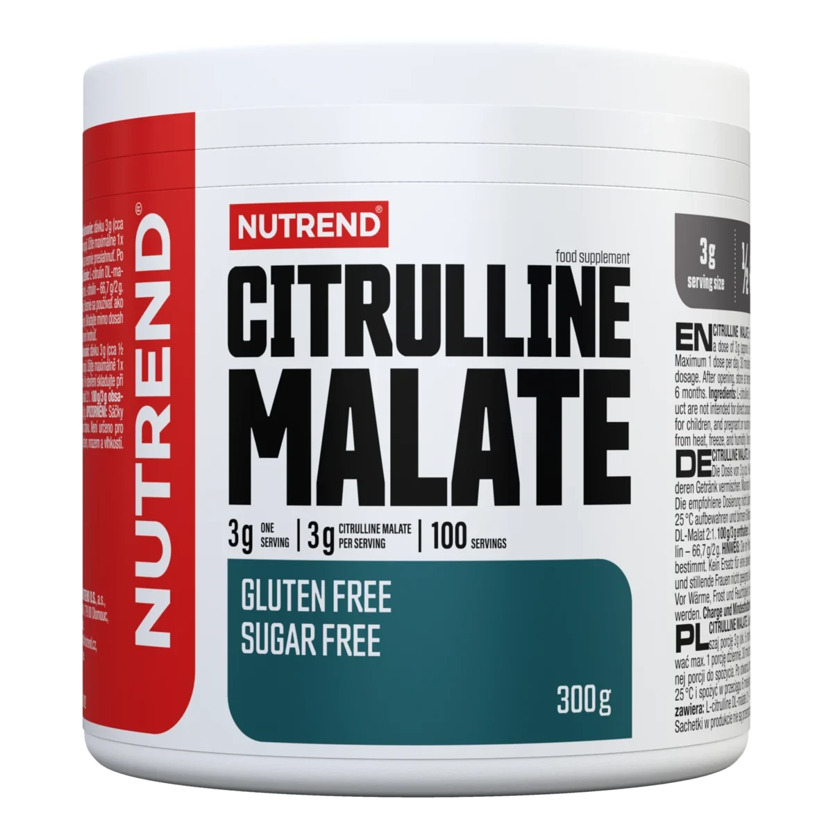 Nutrend Citrulline Malate 300g unflavoured powder supplement, gluten free and sugar free, designed to support athletic performance and recovery.