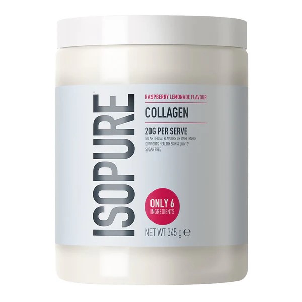 Isopure Collagen 345g raspberry lemonade flavour collagen supplement powder, supports healthy skin and joints, sugar free, only 6 ingredients.