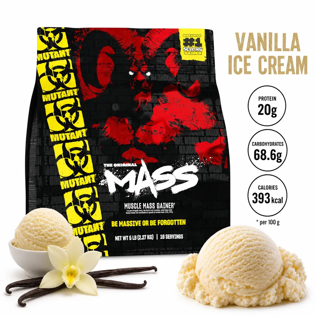 Mutant Mass 2270g Vanilla Ice Cream is a high-calorie mass gainer supplement with 20g protein, 68.6g carbohydrates, and 393 kcal per 100g, ideal for muscle growth.