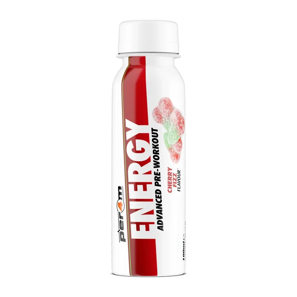 Per4m Energy Advanced Pre-Workout Cherry Fizz Flavour is a pre-workout energy shot supplement in a white and red bottle, cherry flavour.