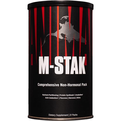 Universal Nutrition M-Stak comprehensive non-hormonal supplement pack, 21 packs, designed for nutrient partitioning and muscle support, in a black and red cylindrical container.