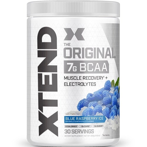 Xtend The Original BCAA Blue Raspberry Ice 30 servings, a muscle recovery supplement with electrolytes and 7g BCAA per serving, in a white and blue tub.