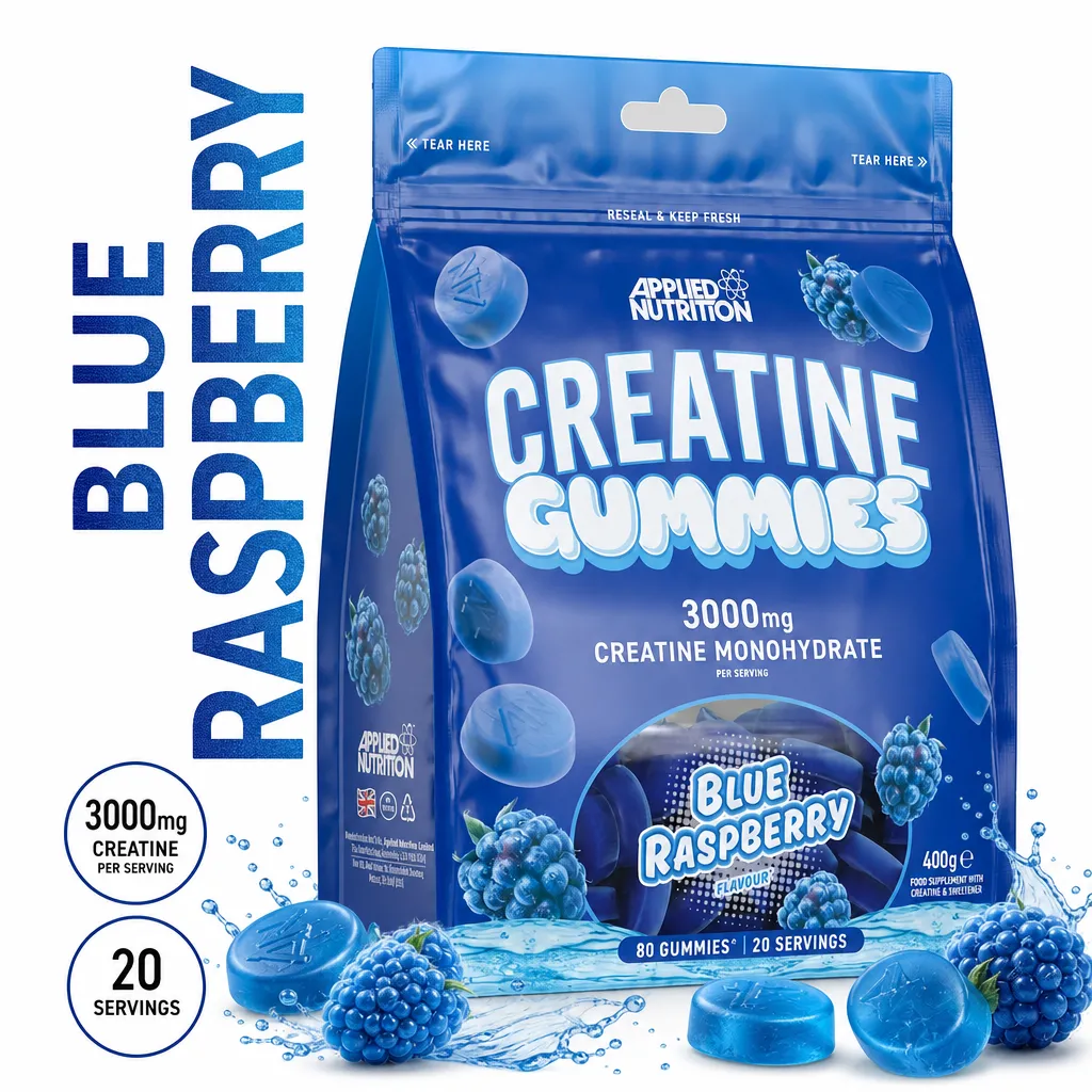 Applied Nutrition Creatine Monohydrate Gummies in Blue Raspberry flavour, 80 vegan gummies with 3,000mg per serving