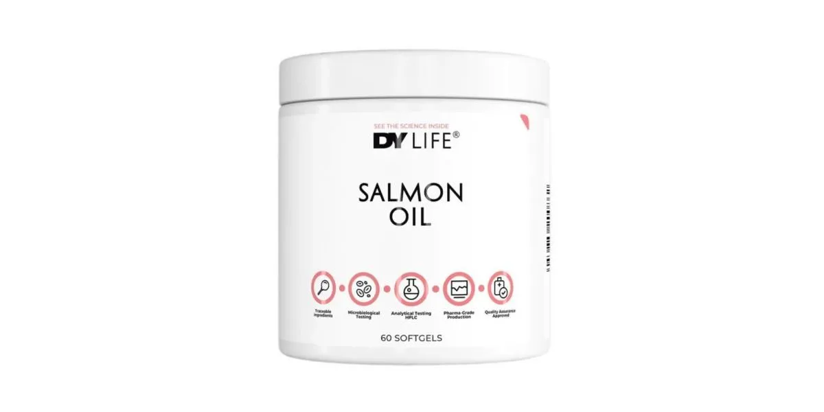 DY Nutrition Dorian Yates Salmon Oil DY Life, omega-3 food supplement with fish and salmon oil, 60 softgels in a white container
