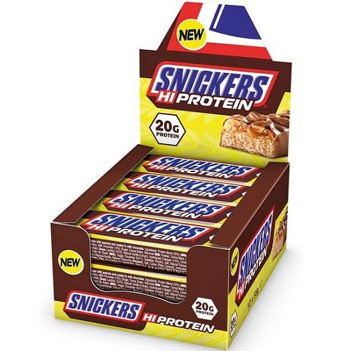 Snickers Hi-Protein Bar box containing 12 high-protein chocolate bars, each with 20g protein, in branded brown and yellow packaging.