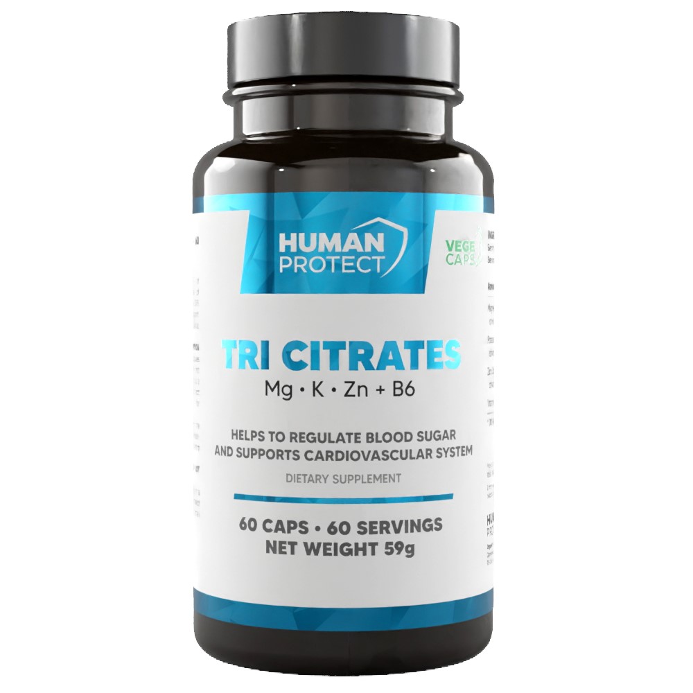 Human Protect Tri Citrates dietary supplement with magnesium, potassium, zinc, and vitamin B6, 60 capsules, supports blood sugar regulation and cardiovascular health.