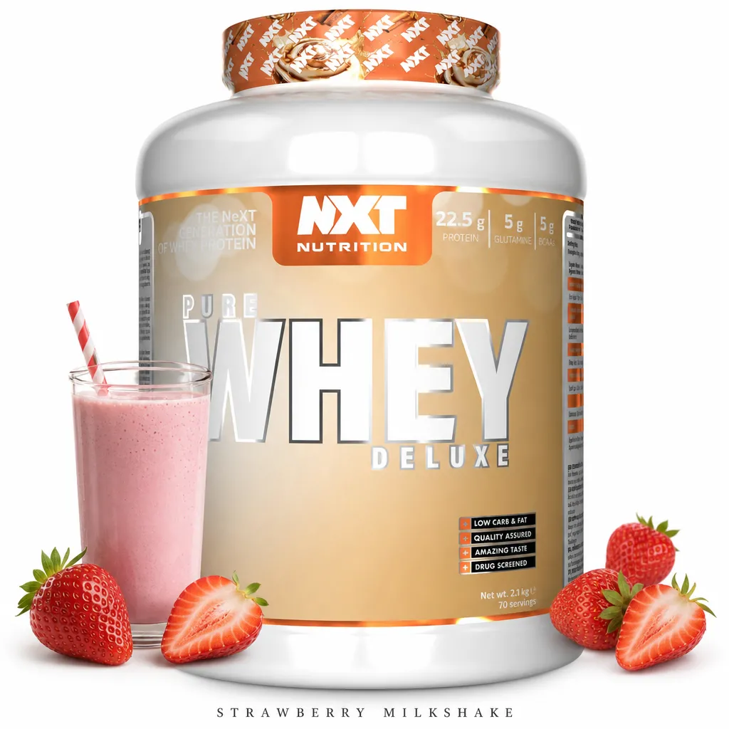 NXT Nutrition Pure Whey Deluxe 2100g Strawberry Milkshake is a premium whey protein powder with a triple blend formula, shown with fresh strawberries and a pink shake.