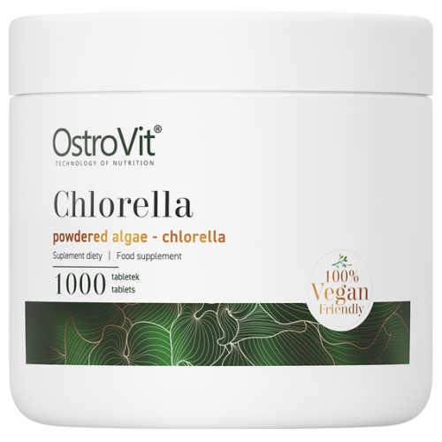 OstroVit Chlorella 1000 tablets vegan-friendly powdered algae food supplement in a white container with green accents.