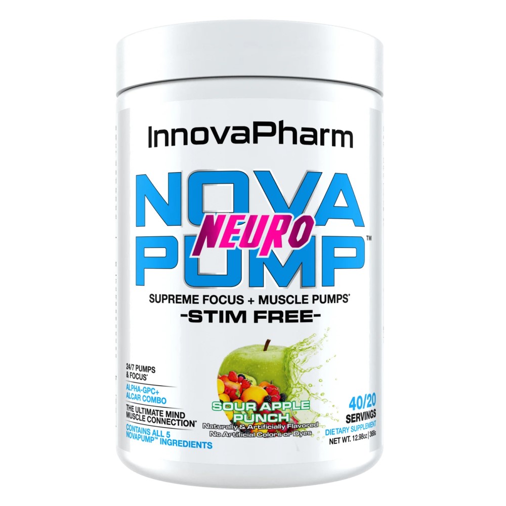 InnovaPharm Nova Pump Neuro Sour Apple Punch is a stim-free pre-workout supplement for supreme focus and muscle pumps, available in a 40/20 servings container with a white and blue design.