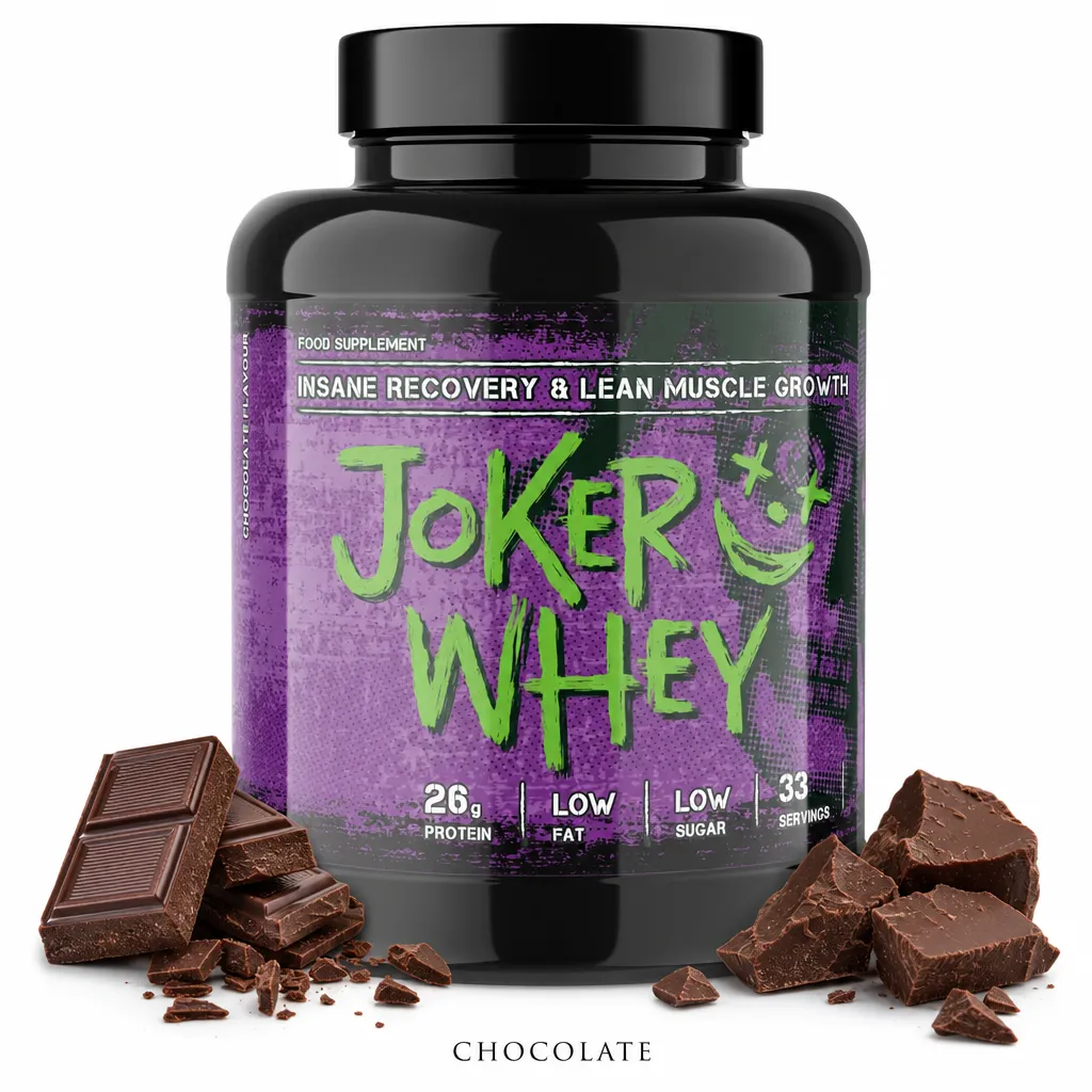 Joker Nutrition Joker Whey 1000g chocolate flavour whey protein powder, featuring 26g protein per serving, low fat and sugar, in a black and purple container.