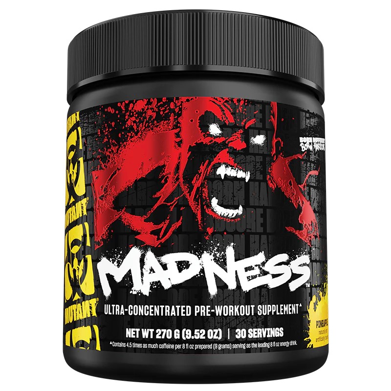 Mutant Madness ultra-concentrated pre-workout supplement, 270g tub with 30 servings, featuring a bold red and black design with a graphic face and yellow accents.